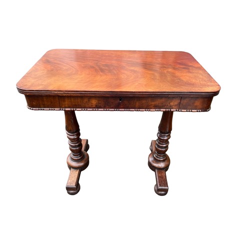 676A - ANTIQUE VICTORIAN FLAMED MAHOGANY SINGLE DRAWER TABLE ON TWIN BASE