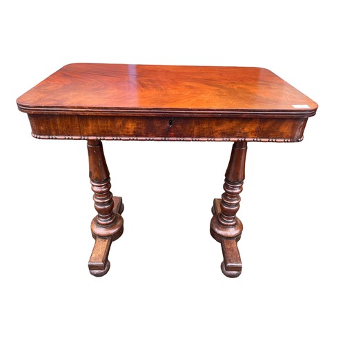 676A - ANTIQUE VICTORIAN FLAMED MAHOGANY SINGLE DRAWER TABLE ON TWIN BASE