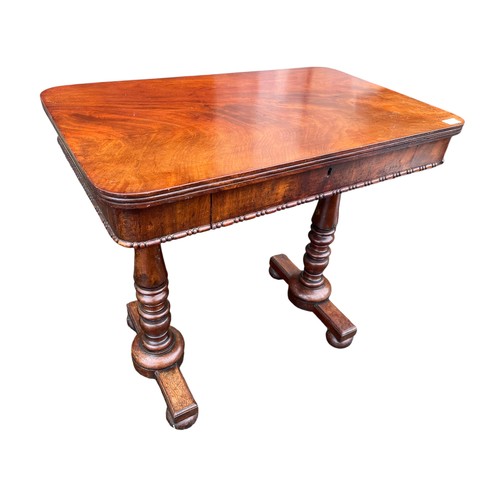 676A - ANTIQUE VICTORIAN FLAMED MAHOGANY SINGLE DRAWER TABLE ON TWIN BASE