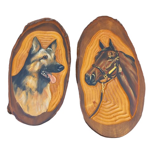 7 - 2 CARVED WOODEN PLAQUES OF A HORSE & DOG