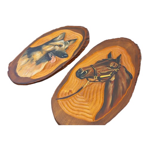 7 - 2 CARVED WOODEN PLAQUES OF A HORSE & DOG