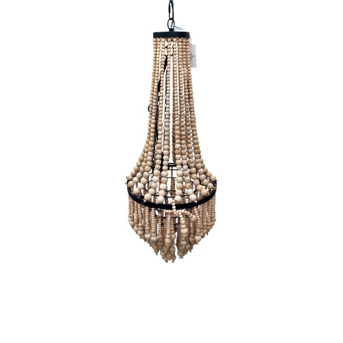 76 - A NEW  NATURAL WOODEN BEADED AND BLACK METAL LIGHT FITTING