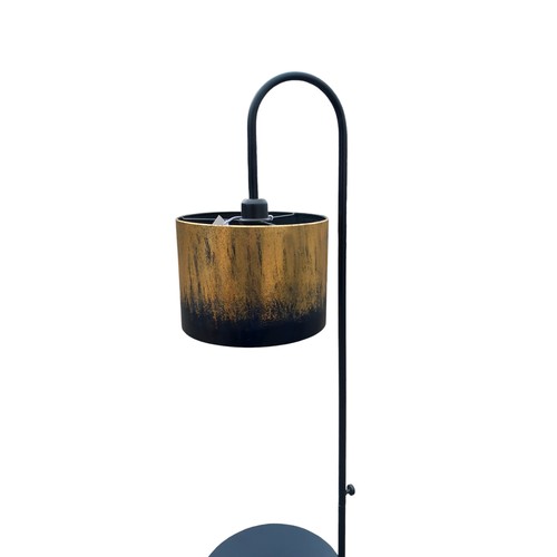 92 - A NEW BLACK STANDARD LAMP WITH WINE TABLE ATTACHED AND NEW GOLD AND BLACK SHADE