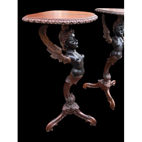 102 - PAIR OF CARVED FIGURE WALNUT TOP STANDS