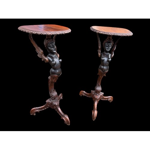 102 - PAIR OF CARVED FIGURE WALNUT TOP STANDS