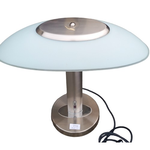 118 - A MUSHROOM CHROME TOUCH/DIMMER LAMP WHITE GLASS SHADE