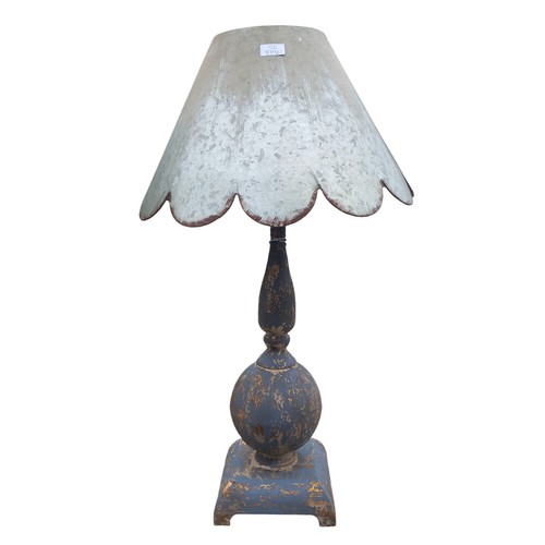 127 - A GREY DISTRESSED TABLE LAMP WITH A DISTRESSED METAL SHADE 35