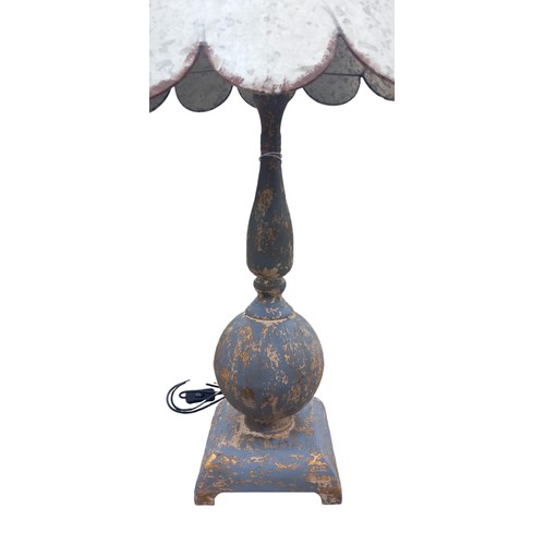 127 - A GREY DISTRESSED TABLE LAMP WITH A DISTRESSED METAL SHADE 35