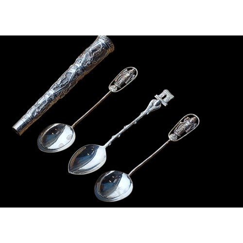 202 - 3 ORNATE SPOONS AND A SILVER HANDLE FOR MUSICAL BATON