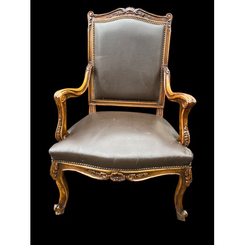 260 - PAIR OF MAHOGANY LEATHER ORNATE ARMCHAIRS