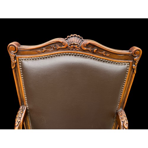 260 - PAIR OF MAHOGANY LEATHER ORNATE ARMCHAIRS