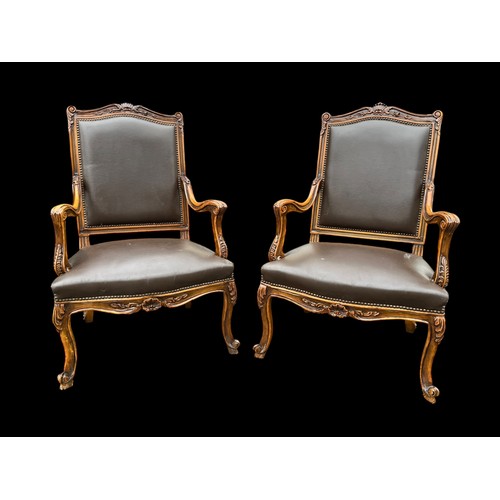 260 - PAIR OF MAHOGANY LEATHER ORNATE ARMCHAIRS