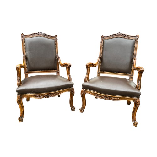 260 - PAIR OF MAHOGANY LEATHER ORNATE ARMCHAIRS