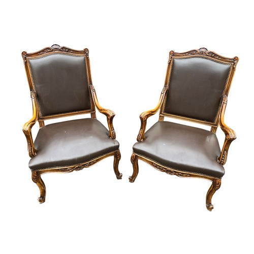 260 - PAIR OF MAHOGANY LEATHER ORNATE ARMCHAIRS