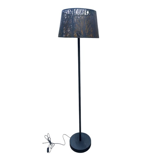 267 - A NEW BLACK METAL STANDARD LAMP  WITH DECORATIVE OPENWORK SHADE