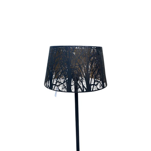 267 - A NEW BLACK METAL STANDARD LAMP  WITH DECORATIVE OPENWORK SHADE