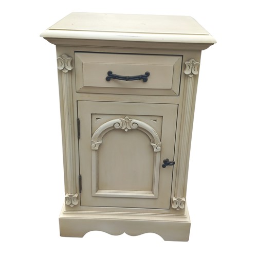 270 - A CREAM BEDSIDE WITH DRAWER OVER ARCHED PANEL DOOR