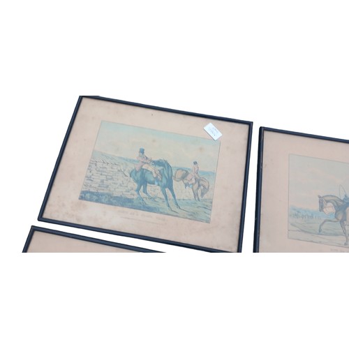 299 - A LOT OF 4 ANTIQUE HORSE JUMPING PRINTS IN EBONY FRAMES