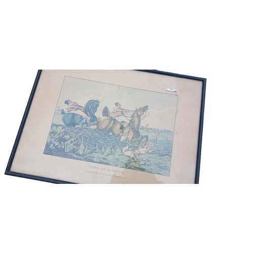 299 - A LOT OF 4 ANTIQUE HORSE JUMPING PRINTS IN EBONY FRAMES