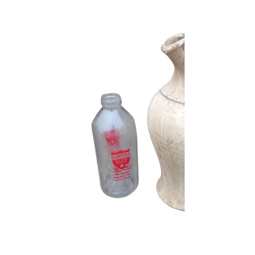 305 - A STONE PITCHER AND 2 AMERCIAN 1 QUART MILK BOTTLES