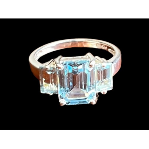 449 - A SILVER BLUE TOPAZ SET RING