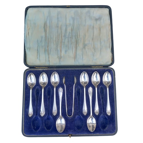 512 - A SET OF 8 SHEFFIELD SILVER TEASPOONS &  MATCHING TONGS BY WALKER AND HALL 220grm