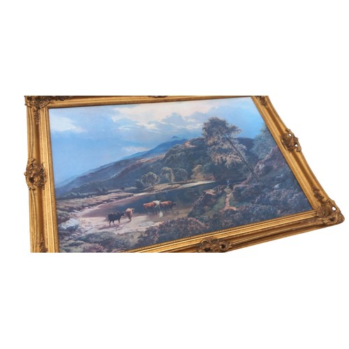 396 - A LARGE ORNATE GILT FRAMED OILOGRAMME SCOTTISH HIGHLANDS 41 x 30