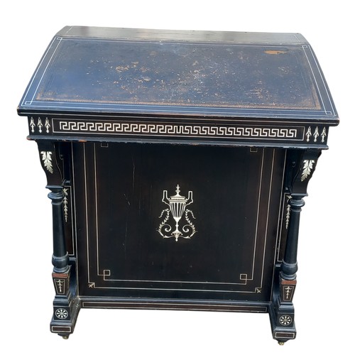 427 - A STUNNING UNIQUE INLAID DAVENPORT DESK FINISHED IN A GREEK STYLE PATTERN (SOME REPAIRS NEEDED) 27 x... 