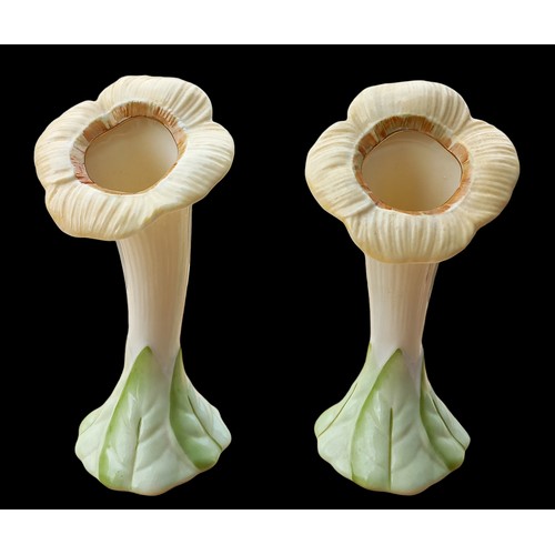 431 - A PAIR OF FLORAL SHAPED BELLEEK SPILL VASE