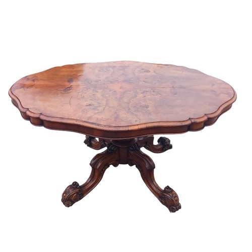 433 - A STUNNING VICTORIAN BURR WALNUT PEDESTAL TABLE ON A VERY ORNATE HEAVILY CARVED QUAD BASE