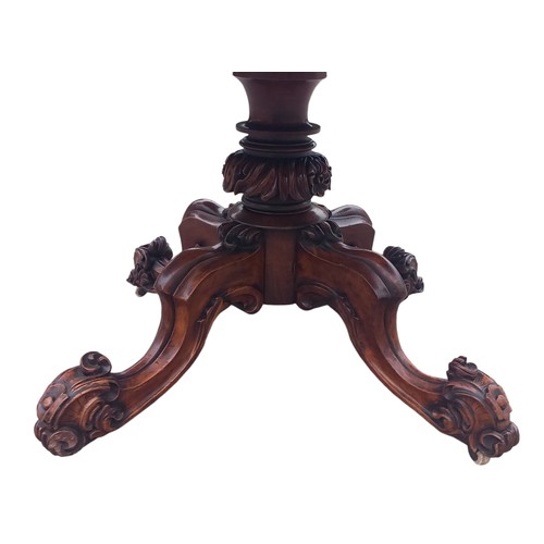 433 - A STUNNING VICTORIAN BURR WALNUT PEDESTAL TABLE ON A VERY ORNATE HEAVILY CARVED QUAD BASE