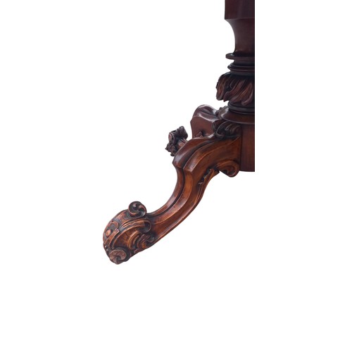 433 - A STUNNING VICTORIAN BURR WALNUT PEDESTAL TABLE ON A VERY ORNATE HEAVILY CARVED QUAD BASE