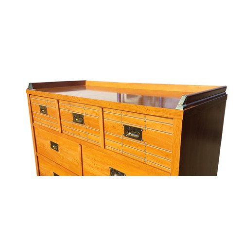 642 - HIGH QUALITY BEECH GALLERY BACK 3 OVER 3 DRAWER CHEST WITH BRASS HANDLES/BRACKETS BY FRENCH MAKER GA... 