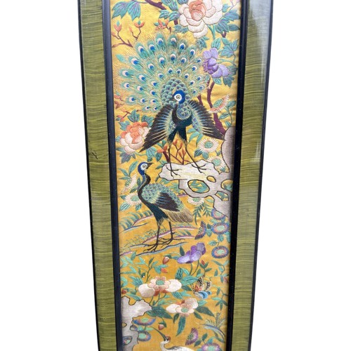 644 - A PAIR OF FRAMED PEACOCK SILKS