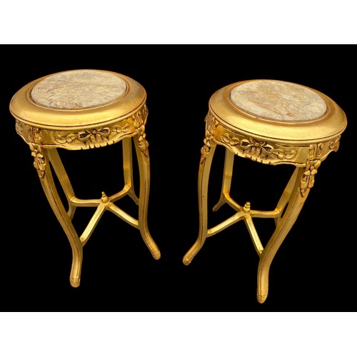 653 - PAIR OF MARBLE TOP GOLD PLANT STANDS