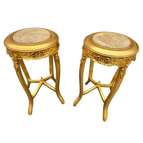 653 - PAIR OF MARBLE TOP GOLD PLANT STANDS