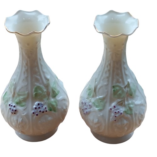 675 - A PAIR OF BROWN STAMPED BELLEEK VASE WITH BERRY PATTERN