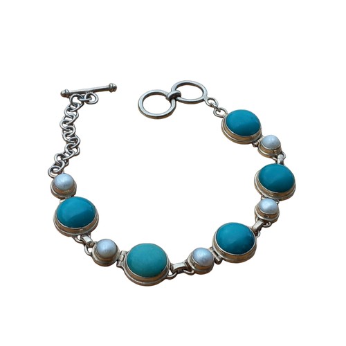 682 - A BEAUTFIUL SILVER TURQUOISE & PEARL BRACELET