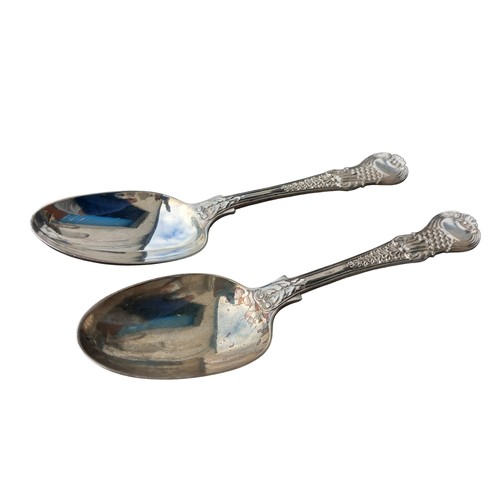 625 - A PAIR OF WILLAM IV HIGHLY DECORATIVE LONDON SILVER SERVING SPOONS 235grm WITH SHELL DESIGNS 8.75