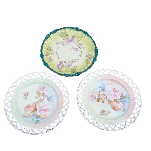 696 - 2 HAND PAINTED VICTORIAN RIBBON PLATES AND A LIMONGES PLATE