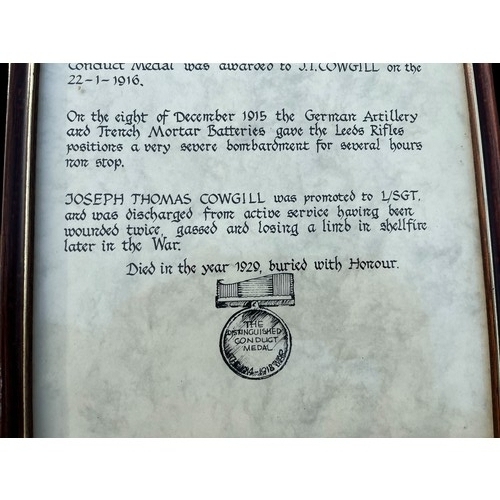 87 - A CITATION FROM THE GREAT WAR TO JOSEPH THOMAS COWGILL 7th BATTALION LEEDS RIFLES 9x13