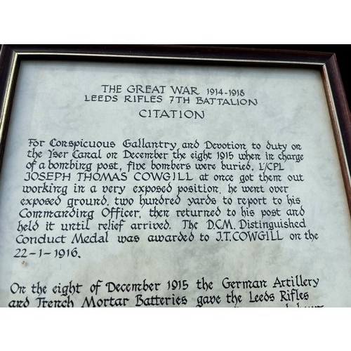 87 - A CITATION FROM THE GREAT WAR TO JOSEPH THOMAS COWGILL 7th BATTALION LEEDS RIFLES 9x13