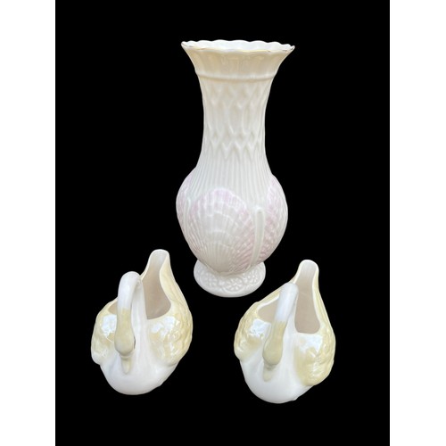 101 - 2 BELLEEK SWANS AND BELLEEK VASE