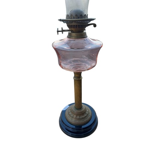 126 - ETCHED RUBY CORITHIAN PILLAR OIL LAMP WITH FUNNEL