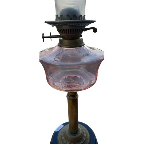 126 - ETCHED RUBY CORITHIAN PILLAR OIL LAMP WITH FUNNEL