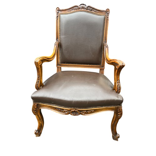 143 - PAIR OF MAHOGANY LEATHER ORNATE ARMCHAIRS