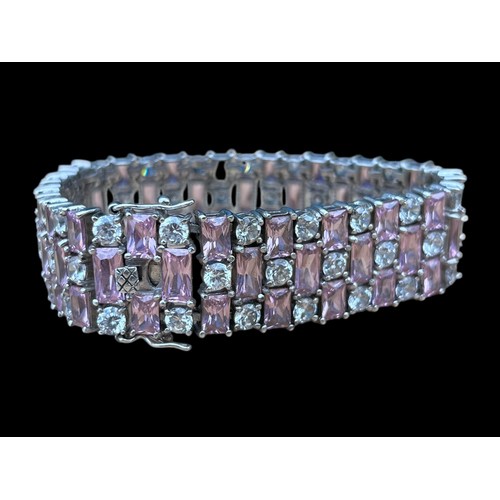 277 - A DESIGNER HIGH QUALITY SILVER BRACELET WITH PUSH CLASP SET WITH PINK AND WHITE STONES 50.5g