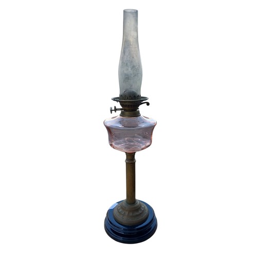 4 - ETCHED RUBY BOWL  BRASS PILLAR OIL LAMP WITH FUNNEL