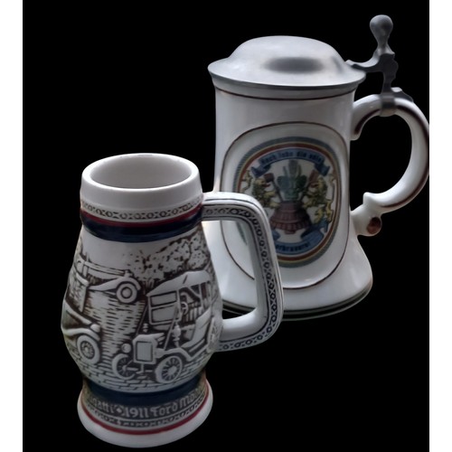 35 - 4 GERMAN STEINS AND 2 PUB DRIP CLOTHS