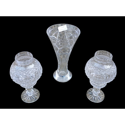 58 - PAIR OF TYRONE CRYSTAL CANDLE HOLDERS AND VASE